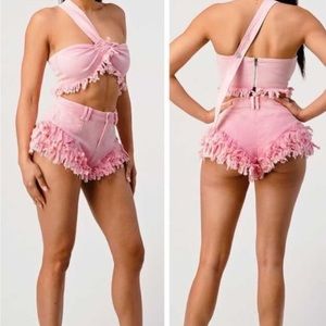 Pink Demin Short Set With Matching Halter Top